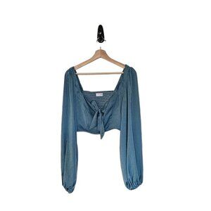 Rumor balloon sleeve Crop Top Size Medium Satin Green Blue